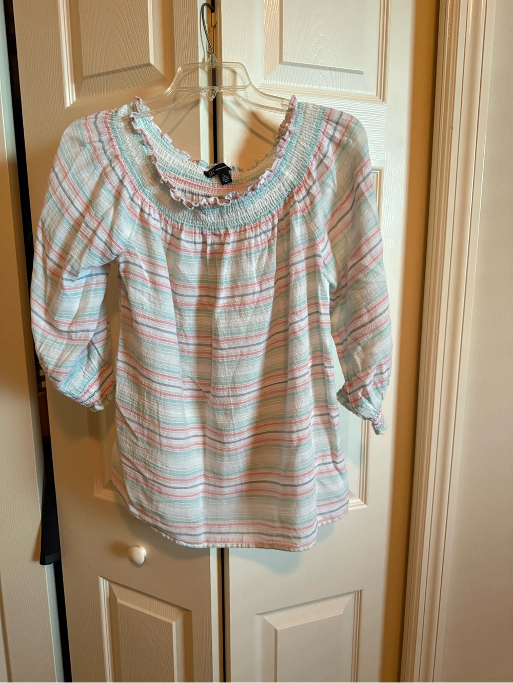 Pastel Striped Peasant Top - Light Blue & Pink